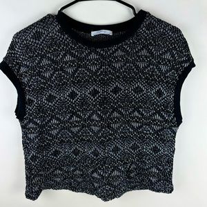 ZARA womens black silver metallic woven crew neck cap sleeve crop top